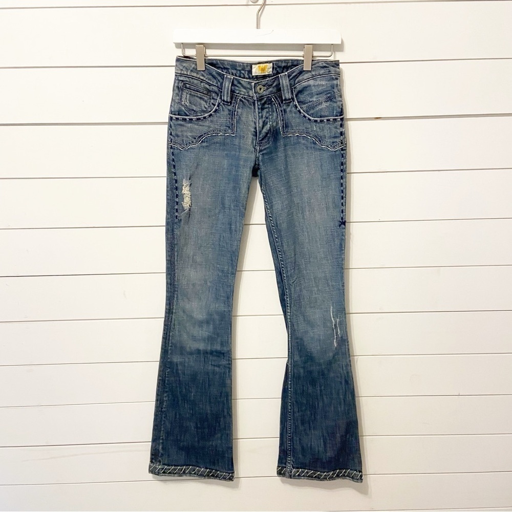 ANTIK Denim | Vintage Y2K Flare Embroidered Pockets Low Rise Made in USA Size 25